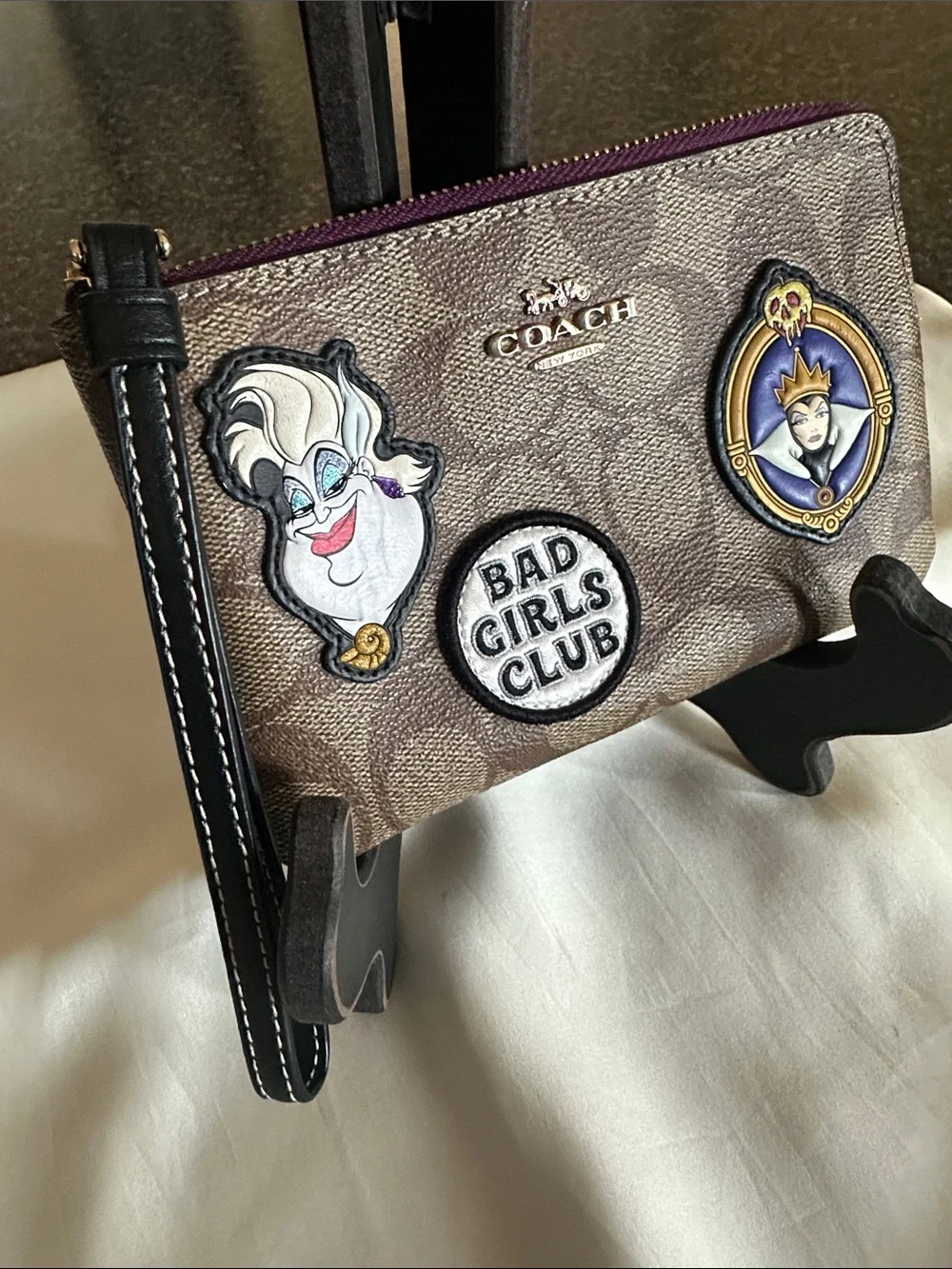 Coach Canvas Disney “Bad Girls Club”Wristlet in Brown with Purple Trim